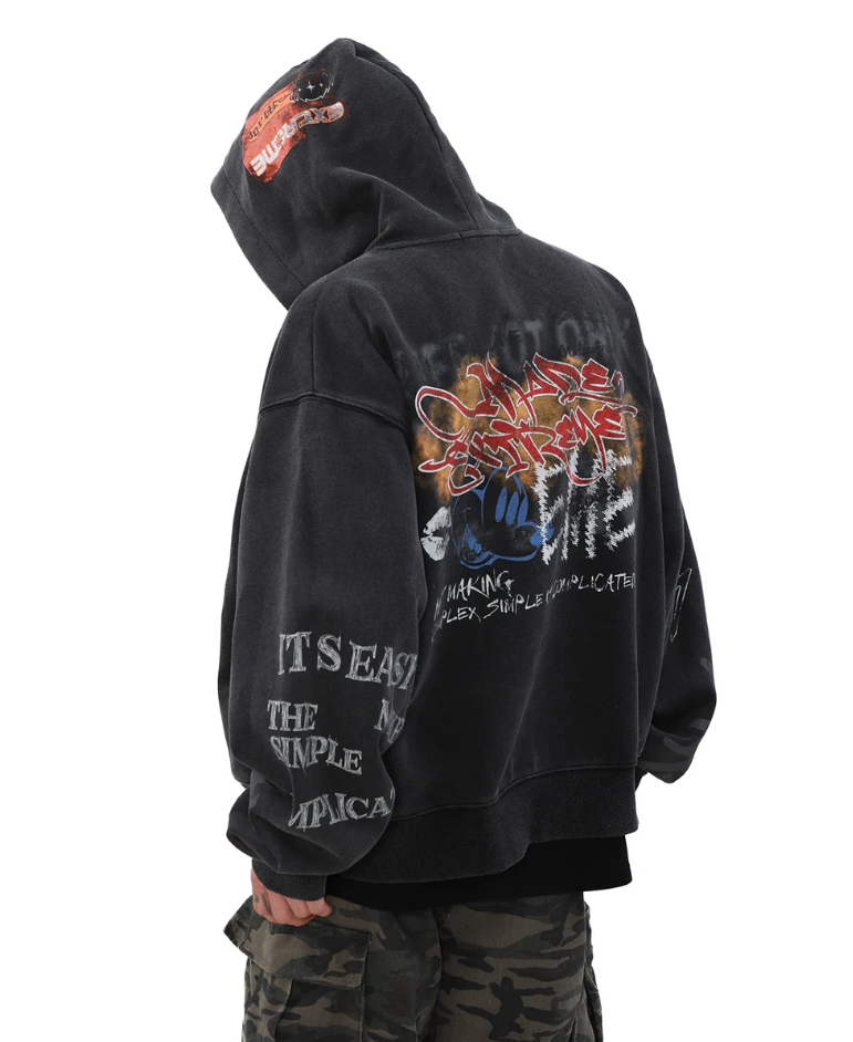 Cropped Washed Graphic Black Zip Up