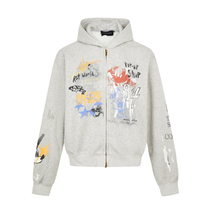 Cropped Washed Graphic Black Zip Up