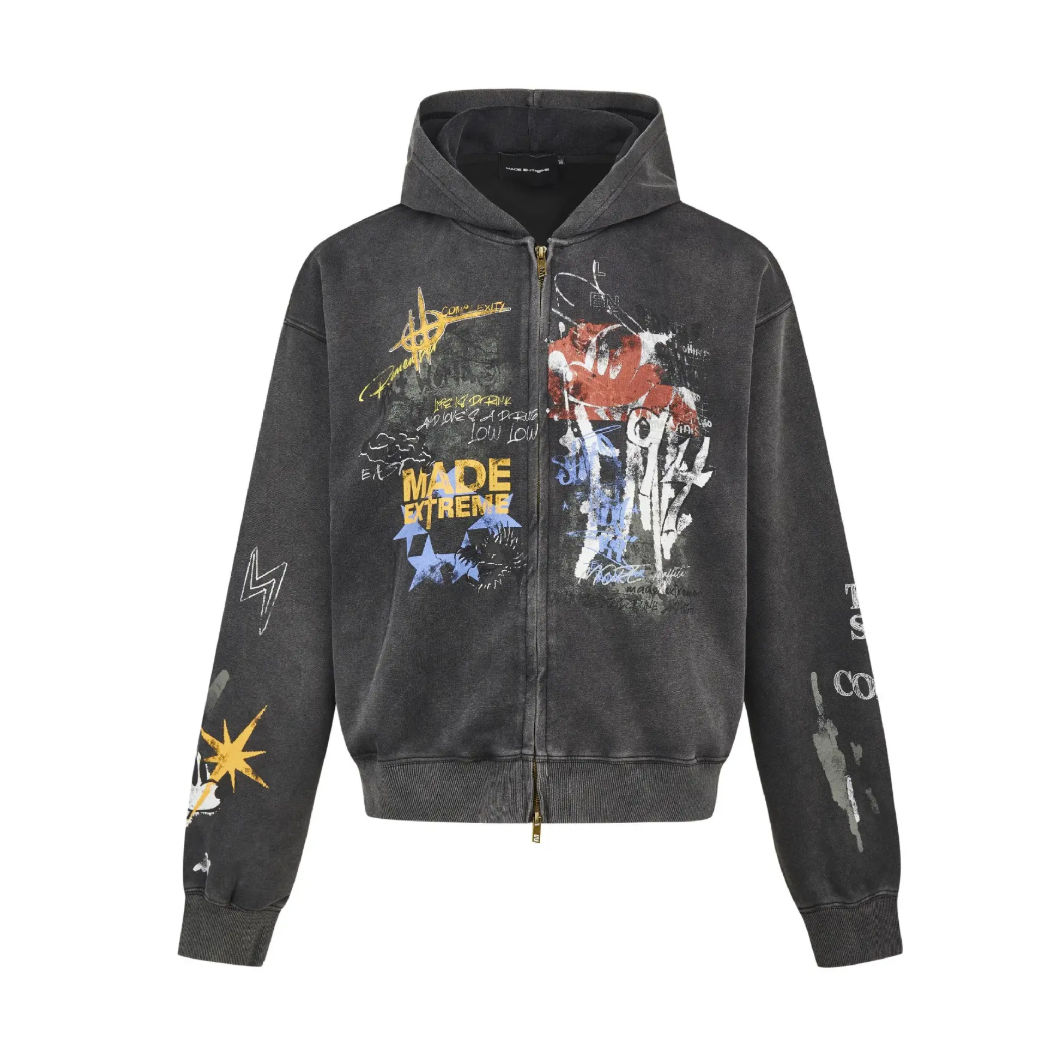 Cropped Washed Graphic Black Zip Up