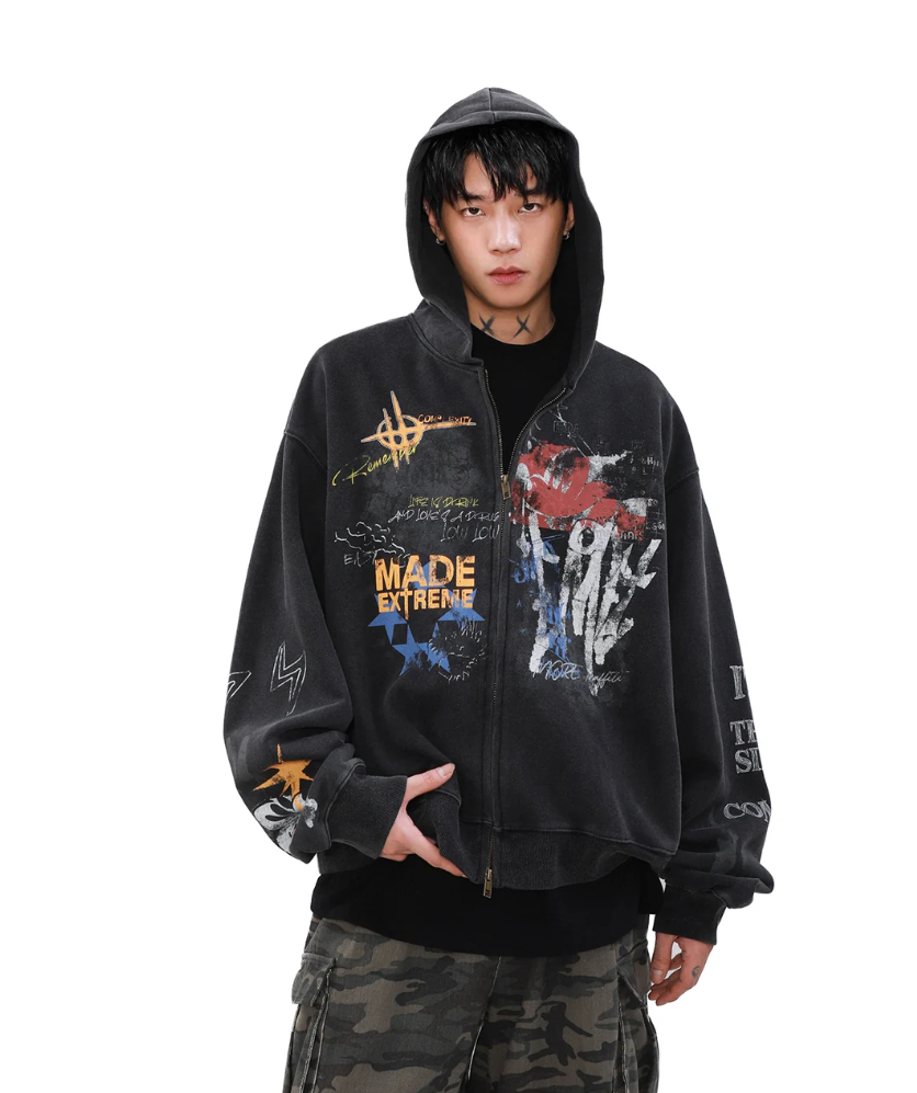 Cropped Washed Graphic Black Zip Up